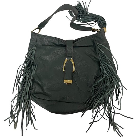 Gili Womens Shoulder Handbag Medium Green Fringe Pebbled Leather Satchel Purse - Picture 1 of 10